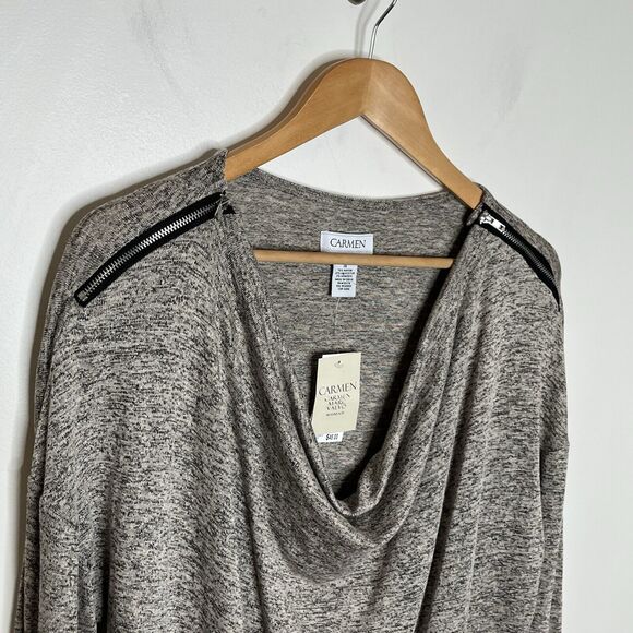 Carmen Marc Valvo Cowl Neck Knit Top Heather Tan Womens 1X Long Sleeve - Picture 2 of 7